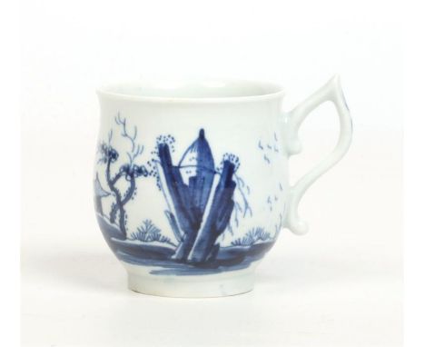 A Worcester bell shaped coffee cup with wishbone handle. Painted in underglaze blue with the Gazebo pattern. Workman's mark c