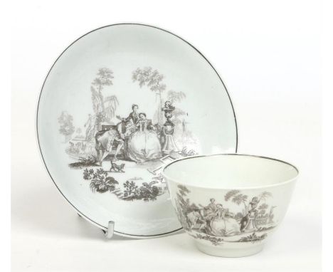 A Worcester tea bowl and saucer on glaze printed in black with the L' Amour pattern engraved by Robert Hancock. Signed RH Wor