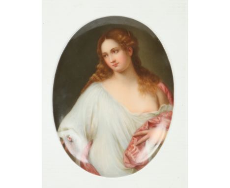 A late 19th / early 20th century Continental ovoid porcelain plaque. Painted with the portrait of a maiden, 14.5cm high.Condi