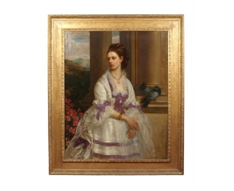 Filippo Grispini (19th century society painter), large gilt framed oil on canvas. Portrait of a lady wearing a white dress ad