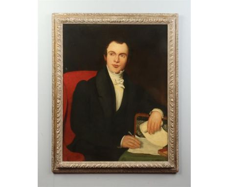 A Regency gilt framed oil on canvas. Portrait of a gentleman writing at his desk, 89cm x 68cm.Condition report intended as a 