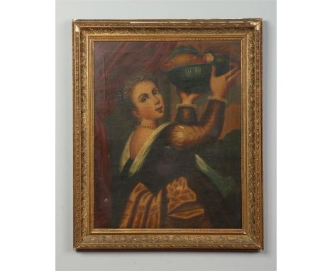 A 19th century Continental gilt framed oil on canvas. Portrait of a young maiden holding a bowl of fruit adorned with fine je