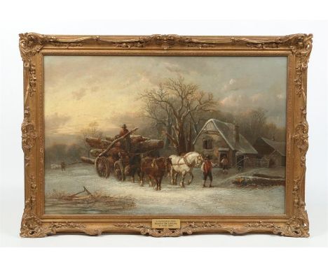 Alexis de Leeuw (Belgian fl. 1848-1883) gilt framed oil on canvas. Titled 'A Winter's Eve'. Depicting a logging cart, horses 
