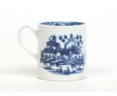 A Worcester coffee can with grooved loop handle. Printed in underglaze blue with the Plantation pattern c.1758-68, 5.75cm.Con