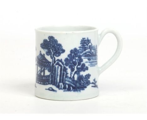 A Worcester coffee can with grooved loop handle. Printed in underglaze blue with the Man in the Pavilion pattern c.1758-60, 5