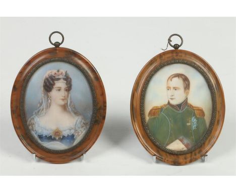 A pair of early 20th century portrait miniatures in faux tortoiseshell frames. Napoleon Bonaparte and Empress Josephine, 9.5c