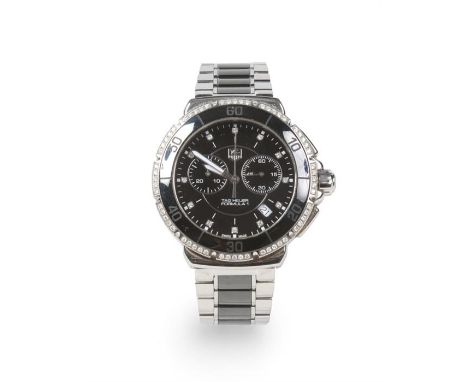 A gentleman's boxed Tag Heuer quartz Formula 1 stainless steel and black ceramic chronograph bracelet watch. With diamond set
