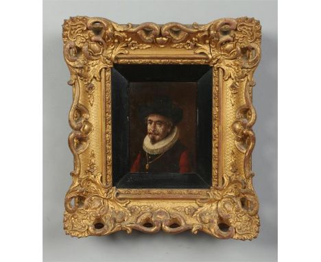 An early 19th century small Continental gilt framed oil on panel. Portrait of a 15th century gentleman wearing a hat, ruff an