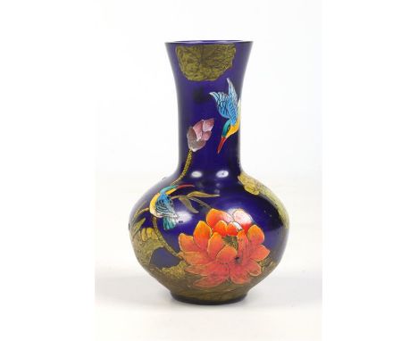 A Chinese Peking blue glass vase. Enamelled with kingfishers, butterflies and lotus flowers c.1900, 15.25cm.Condition report 