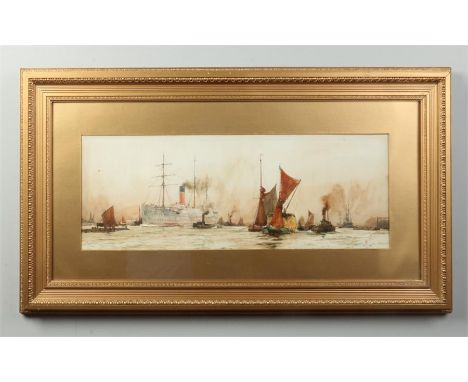 Charles Edward Dixon (1872-1934) gilt framed watercolour. Above Woolwich 1901. H. M. S. Dunvegan Castle and other vessels in 