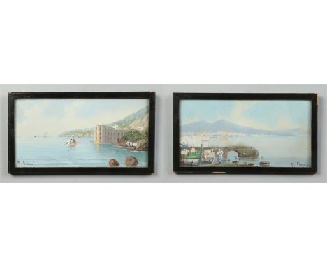 M. Gianni Italian school 19th century pair of framed gouache coastal scenes. Each with figures and buildings. Signed, 14cm x 