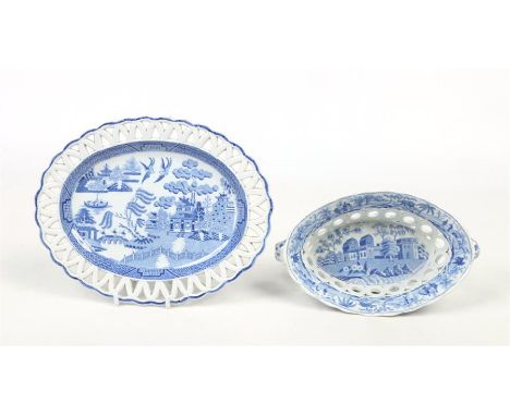 A 19th century Spode pearlware chestnut basket and associated stand. The basket with moulded twin mask handles is printed in 