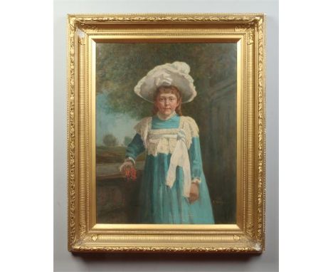 C. Burr (19th century) large gilt framed oil on canvas. Portrait of a young girl wearing a blue dress and white bonnet. Signe