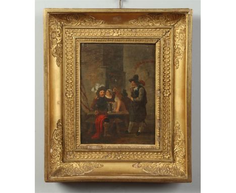 A 19th century Flemish small oil on canvas in cushion shaped gilt frame. Genre tavern interior scene, 20cm x 15cm.Condition r