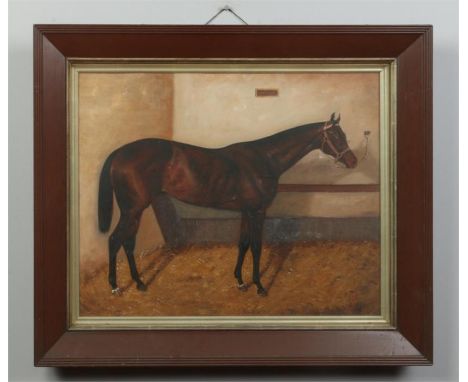 An Edwardian framed oil on canvas 'The Dell' (Deil / Deal), stable interior study of a bay horse. Monogrammed T. B. and dated