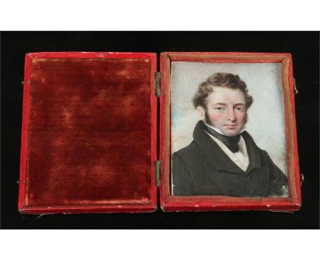 A Victorian ivory portrait miniature of a gentleman in a leather mounted folding case, 7.25cm x 5.5cm.Condition report intend