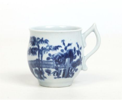 A Worcester bell shaped coffee cup with wishbone handle. Printed in underglaze blue with the plantation pattern c.1757, 6.5cm