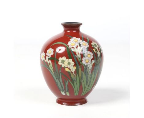 A Japanese Meiji period cloisonne vase of onion form. Red rust ground and decorated with flowers, 12cm.Condition report inten
