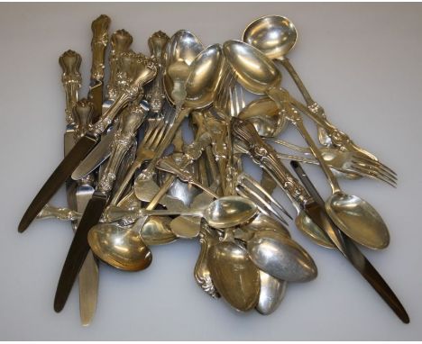John James Whiting, a part canteen of silver flatware and cutlery with crested fiddle handles. London 1846 etc. 47 troy oz we