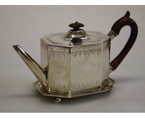 Possibly Joseph Heriot, a George III silver teapot and stand, each with hexagonal form, with chased swag bands, the pot with 