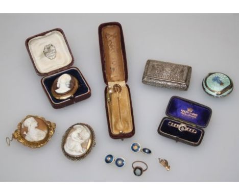 A mixed parcel of bijouterie including 9ct gold mounted and other cameo brooches, three stick pins, a Russian enamel on silve