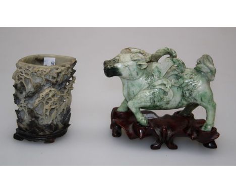 A modern Chinese jade carving of a buffalo and a soapstone landscape vase. 10.5cm high