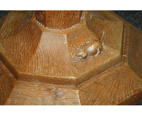 Robert ' Mouseman' Thompson, a light oak standard lamp with octagonal column and stepped base with carved mouse detail. 142cm