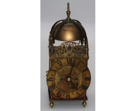 A 19th century brass lantern clock with twin fusee bell striking movement, 40cm high