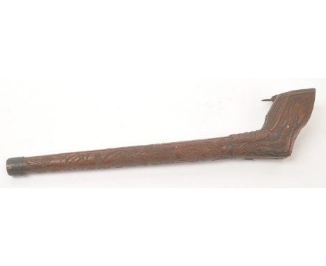 An early 18th Century circa 1706 Dutch boxwood hand carved pipe case / holder. Carvings depicting floral foliage and snake li