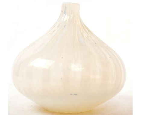 A vintage 20th century glass opaline stem vase. Hand blown bulbous form white / clear ground. Measures approx. 21cm x 22cm