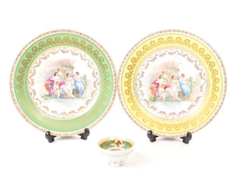 Believed to be Royal Vienna - Two early 20th Century porcelain china display plates bearing the Royal Vienna shield stamp to 