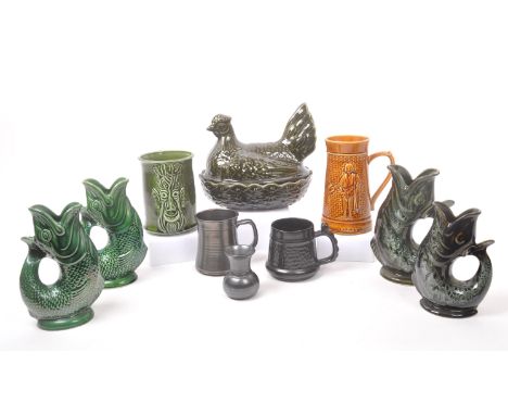 A collection of vintage 20th century ceramic tableware items. Including Pinknash cups, large Portmeirion chicken lidded bowl,