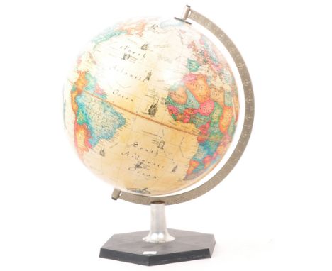 A 20th Century circa 1980s Danish vintage World Discoverer globe raised on hexagonal shaped base. Measuring approximately 41c