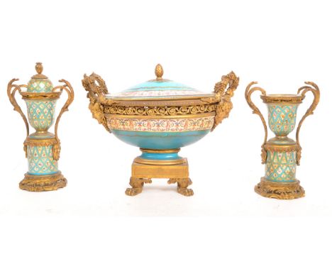 A 19th century Napoleon French garniture lidded urn / bowl ceramic and gilt set. In a blue colourway with gilt foliate decora