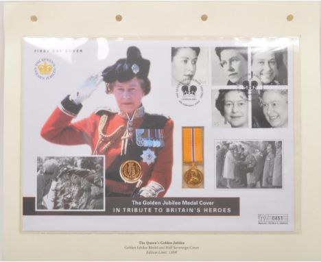First Day Cover - Great Britain - The golden jubilee medal cover in tribute to Britain's heroes and postage stamps. Golden ju