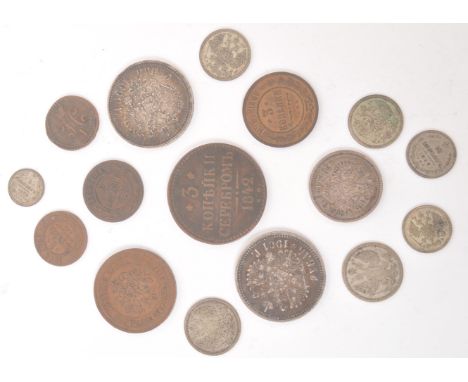A collection of 19th and early 20th century Russian Empire currency coins. The collection to include two Nicholas II one Roub