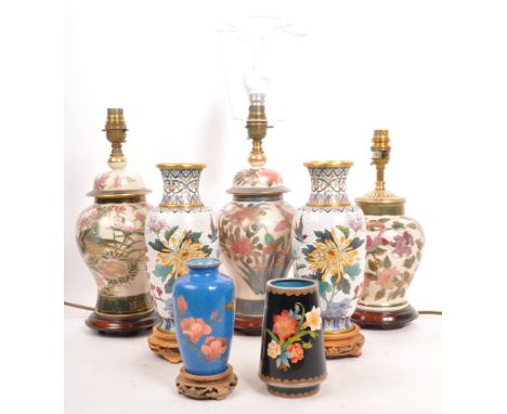 A collection of late 20th century cloisonn&eacute; vases and Asian ceramic lamps. All with hand painted floral design, metal 