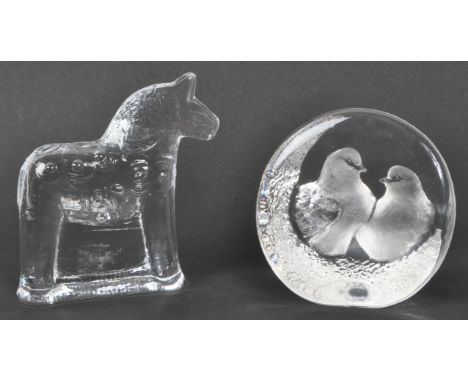 Two vintage 20th century glass paperweight. One in standing horse form with another having two birds. With signature. Measure