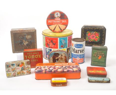 Advertising / shop display tins - Vintage 20th century. Including Cadbury's Marvel milk, biscuit tins, Torox cubes, Cadbury's