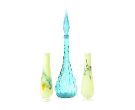 A vintage 20th century Empoli style teal colour glass genie bottle with hobnail decoration. Together with a pair of 1950s Dal