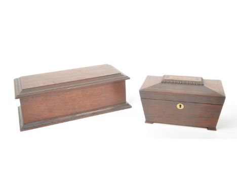 A vintage 20th century mahogany trinket box / storage chest. Rectangular form with hinged flared chamfered edge to opening to