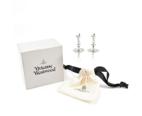 Vivienne Westwood - A pair of vintage Vivienne Westwood white metal Vivienne Westwood crystal orb drop earrings. In original 