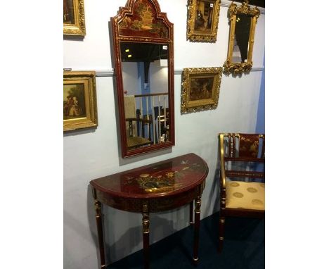 A modern red lacquered Oriental design mirror, half moon table and a carver chair (3)