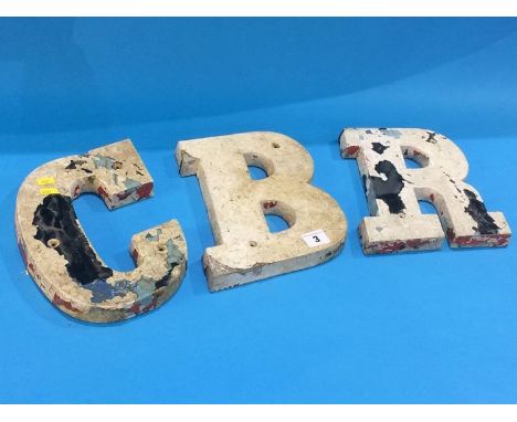 Three aluminium signage letters 'C', 'B' and 'R'