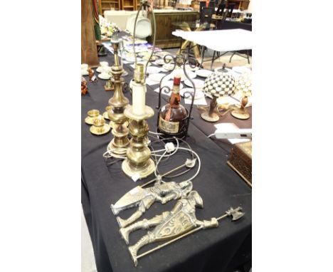 Two brass lamps and two brass knights CONDITION REPORT: All electrical items in this lot have been PAT tested for safety and 