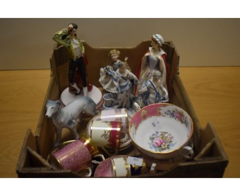 Two Royal Albert 'Lady Carlyle' soup dishes, a collection of six Paragon coffee cans and saucers and five assorted figurines 