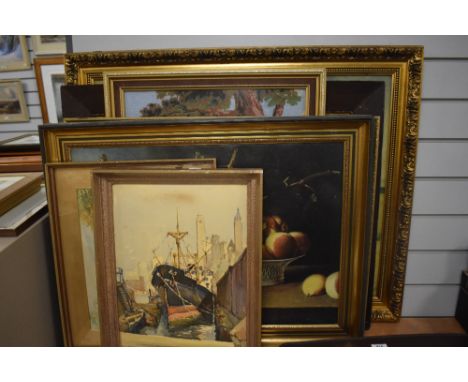 Seven assorted large pictures, prints and tapestries including a print of a View of New York City from a harbour signed MARC,