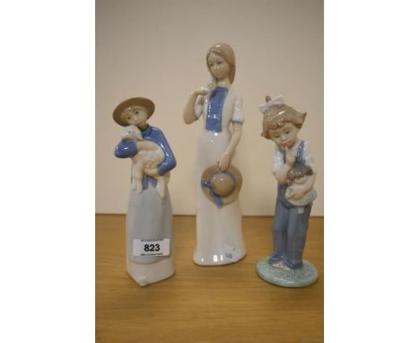 Two Spanish Rex porcelain figurines of a gilt with bird and girl with lamb, sold along with a Nao porcelain figurine of a chi