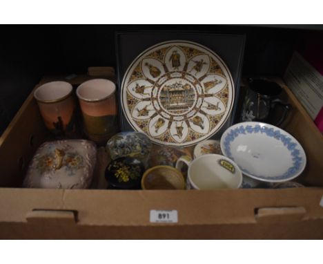A boxed Wedgwood  'William Shakespeare' display plate and a similar mug, a prattware pot 'A Wedding in the Village' and simil