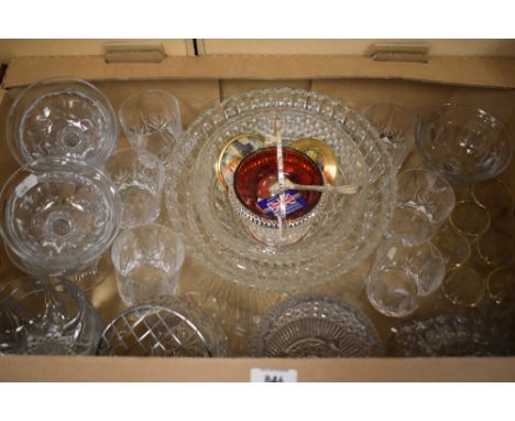 A crystal rose bowl, two large pressed glass dishes and a cake platter, a set of six cut glass whiskey tumblers, a set of six